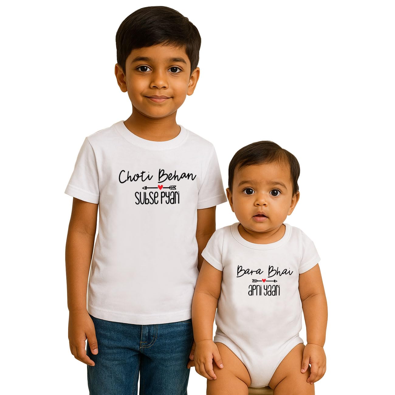 baby wish Raksha Bandhan Baby Unisex Bodysuits Newborn Romper Men's & Boys Regular Fit T-Shirt and Romper Combo Bara Bhai Choti Behan Combo Sets-image-0