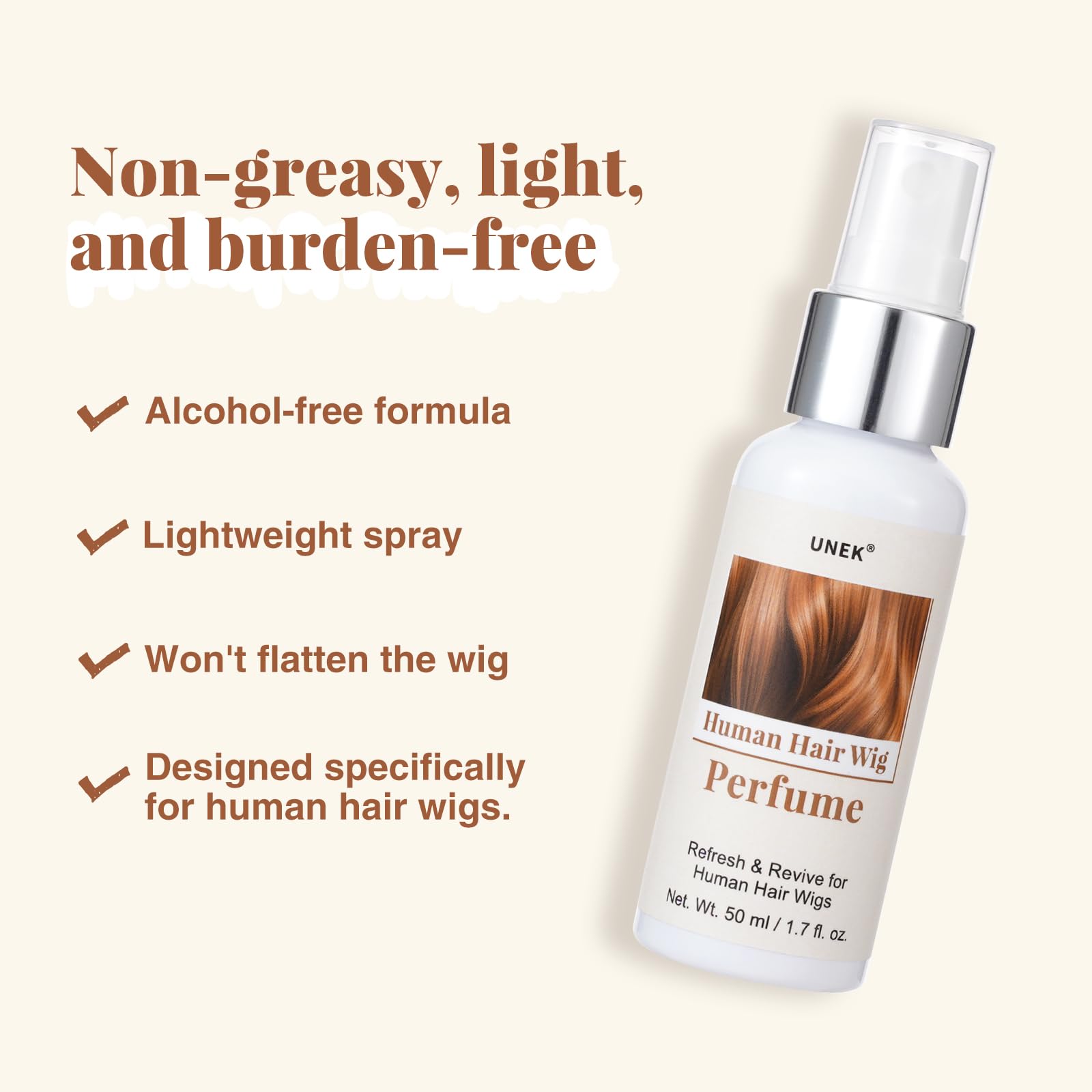 UNEK Parfum pour perruques au thé blanc – spray sans alcool, neutralise les odeurs, fraîcheur longue durée, parfum subtil pour perruques, extensions et postiches en cheveux naturels, 50 ml