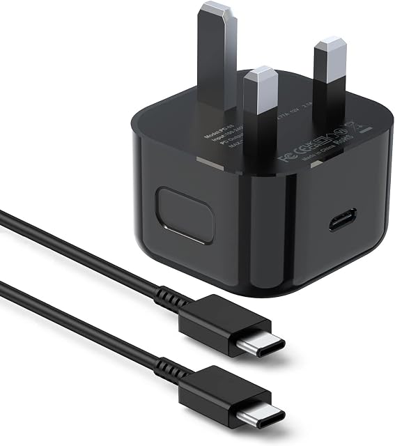 Samsung Charger (25W), Mains UK USB C Wall Charger Power Adapter, Super Fast PD Charger for Samsung Galaxy S22/S21/S21+/S21 Ultra/S20/Z Flip/Note 20/20 Ultra/Note10/10+/S9/S8/iPad Pro 12.9 (cable 2M)