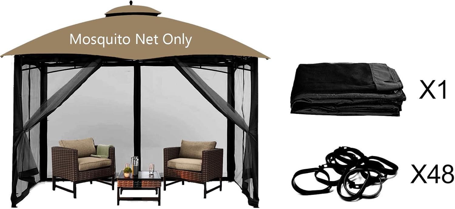 Gazebo Universal Replacement Mosquito Netting – Hugline 10' x 10' Outdoor Mesh Netting Screen 4-Panel Sidewall Curtain with Zipper (Black)