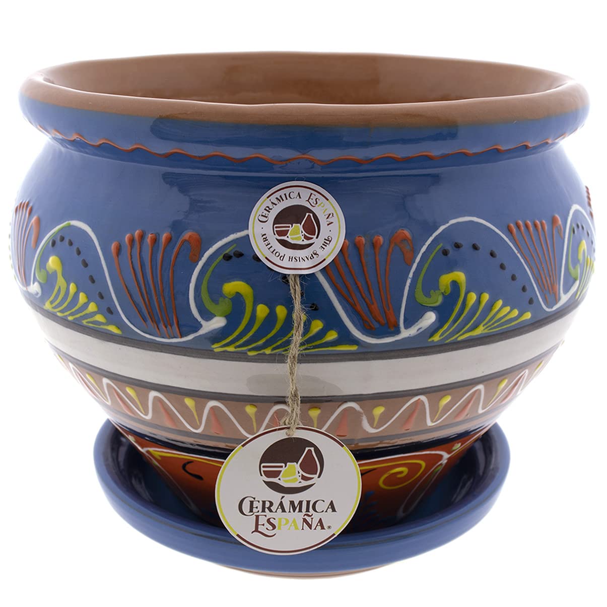 CERÁMICA ESPAÑA | Pots De Boue Rouge | Pots Décoratifs | Pots En Céramique | Pot Extérieur | Pot De Fleurs Coco - Modèle D15 | Décoration 100% Faite à La Main | 26x26x21 Cm | Assiette Incluse