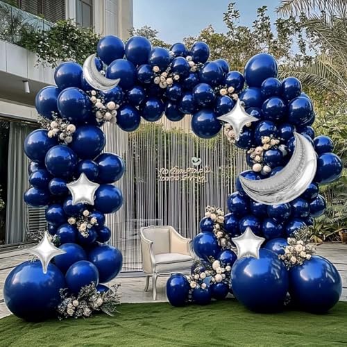 Image of Navy Blue Balloon Garland Arch Kit Double Stuffed Royal Blue Star Moon Balloons for Birthday Baby Shower Over the Moon Prince Graduation Wedding Space Astronaut Galaxy Party Decorations