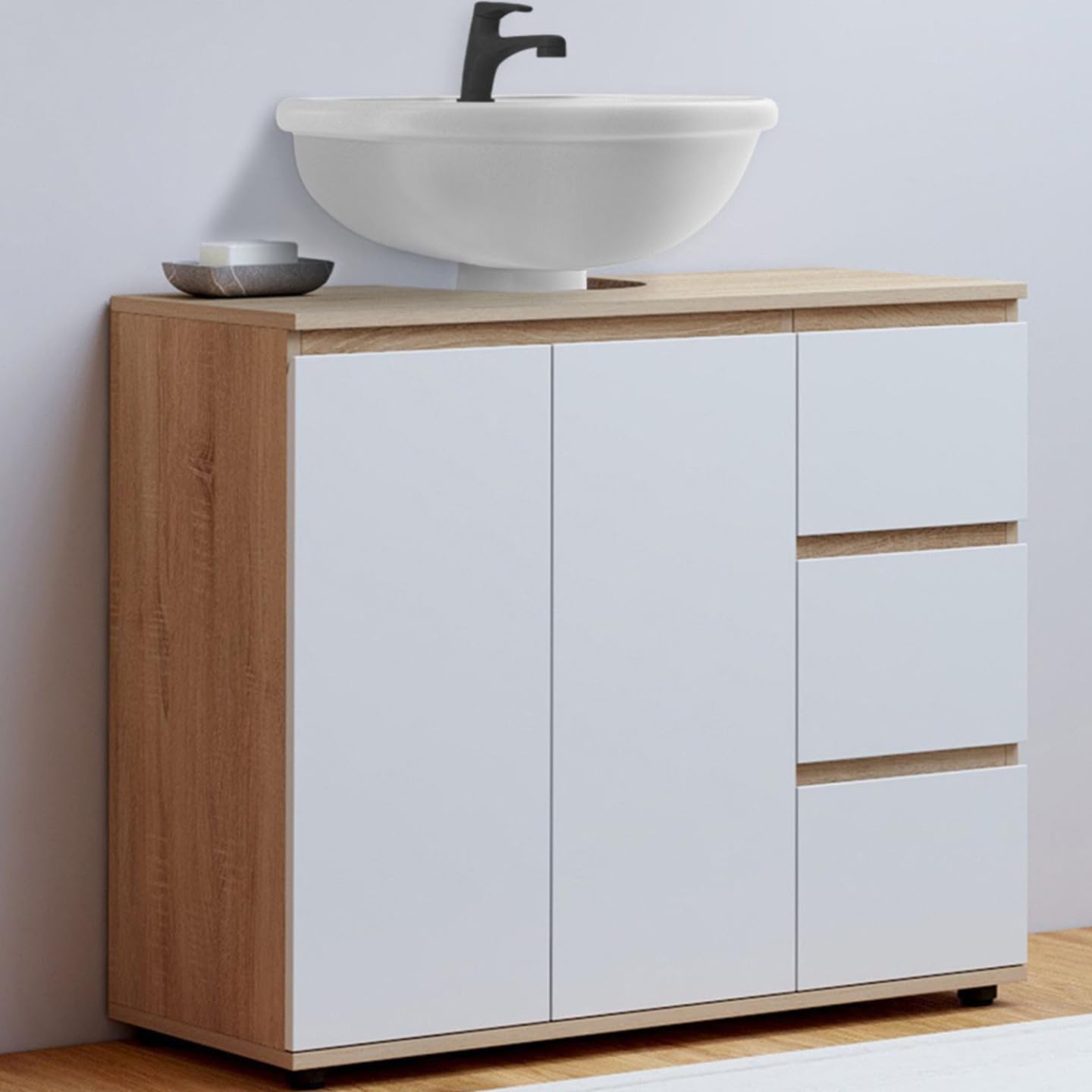 IDMarket - Meuble sous lavabo Salle de Bain TOMI avec Placard et 3 tiroirs façon hêtre et Blanc