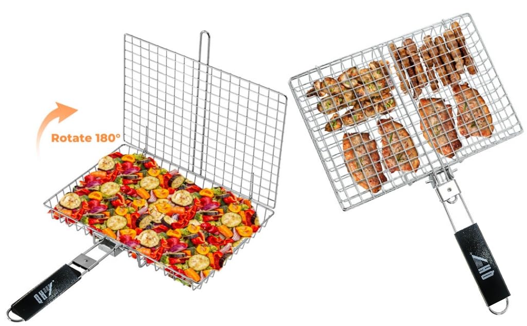 Cestino da cucina in acciaio inox per barbecue, pieghevole, portatile, con manico rimovibile, rete antiaderente per pesce, verdure, gamberetti