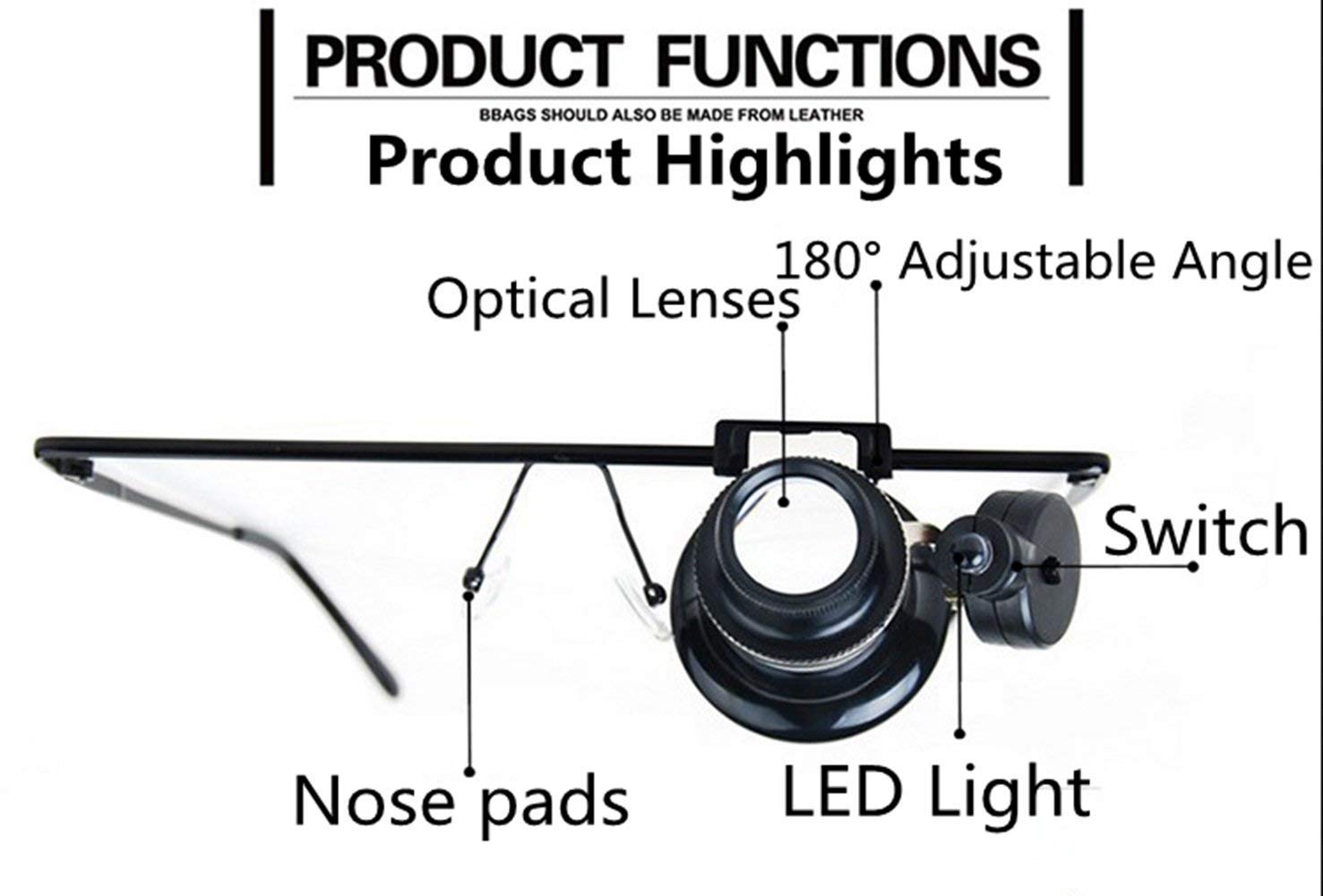Tragbare Vergrößerungsglas-Brillenlupe mit LED-Lampe, Uhrenreparatur-Leseleuchte, Vergrößerungsglas-Bedienungslupe/Produkt