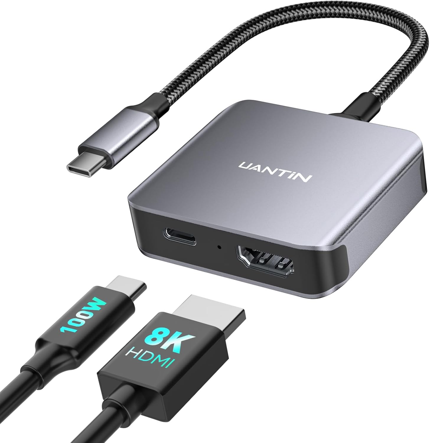UANTIN USB C to HDMI 2.1 Adapter with 100W USBC Charging Port, Supports [8K, 4K@120Hz/60Hz HDR], 48Gbps Thunderbolt to HDMI Adapter Compatible for Laptop, iPhone 15/16, Switch 1/2, Steam Deck