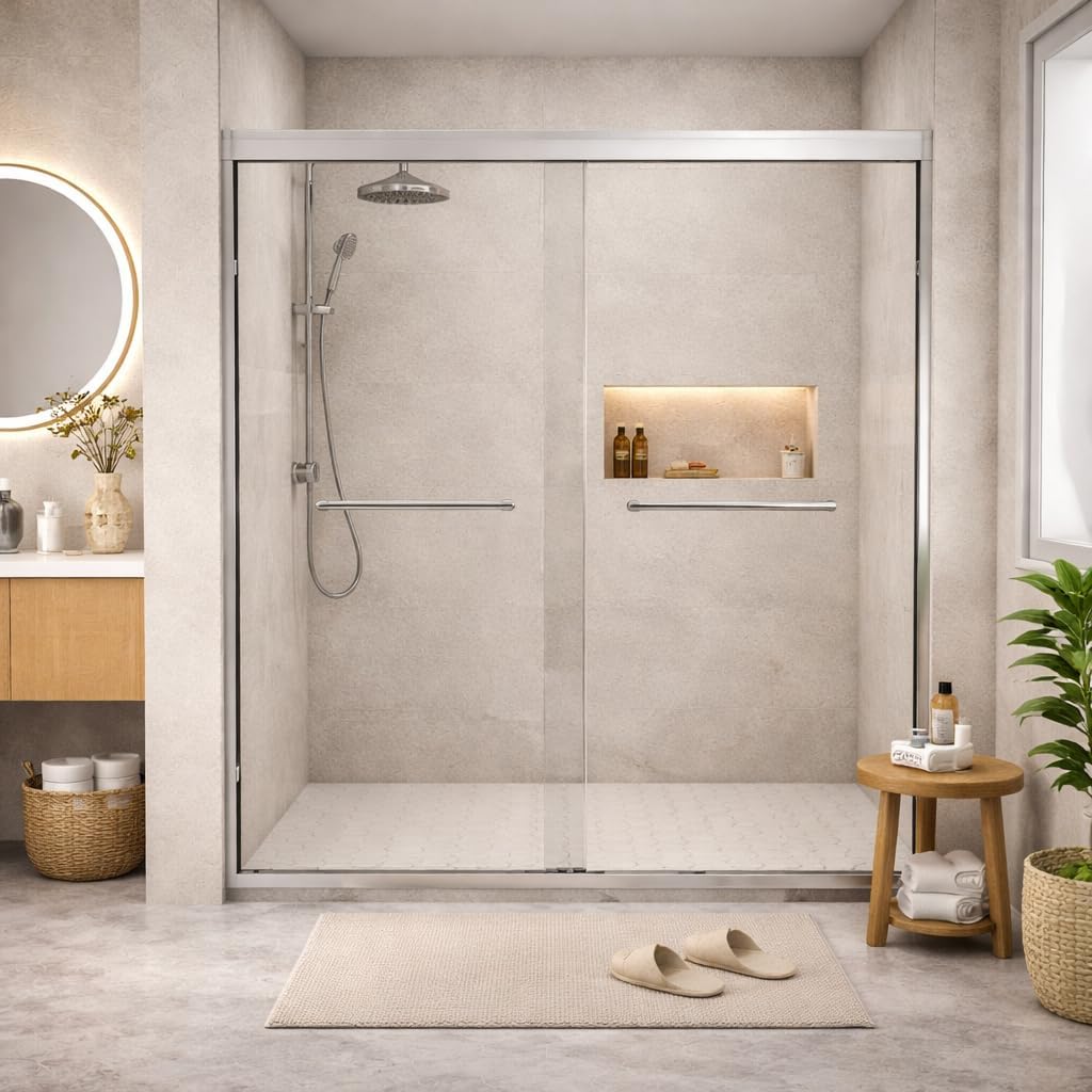 56-60" x 72" Tempered Glass with Explosion Proof Film, Aluminum Frame Double Sliding Shower Door, 1/4 (6 mm), Stainless Steel Handle,Brushed Nickel