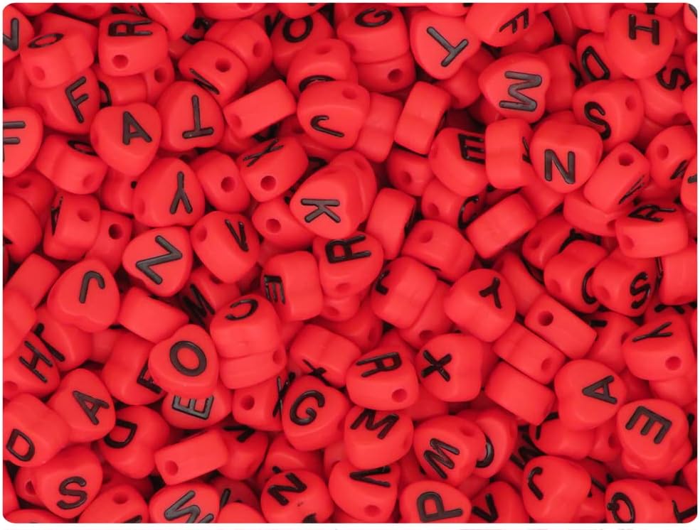 BeadTin Red Opaque 7mm Heart Plastic Alpha Beads - Black Letter Mix (250pcs)