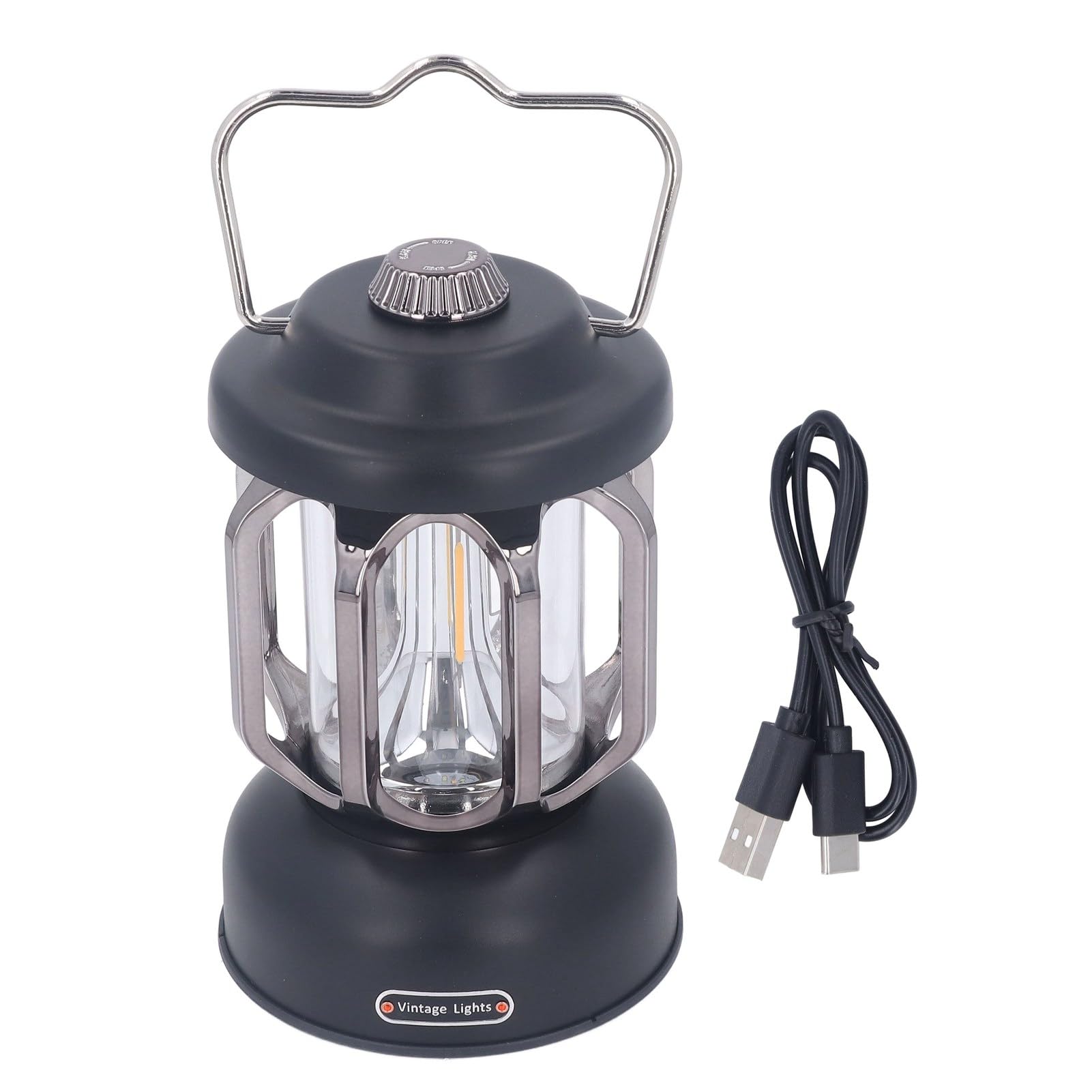 SIXRUN Retro-Campinglaterne, ABS-Vintage-Campinglampe mit Wiederaufladbarem Typ-C-Akku, 3 Lichtmodi, Dimmbares, Wasserdichtes Hakendesign für den Notfallgebrauch Im Zelt, Garten, Terrasse (BLACK)