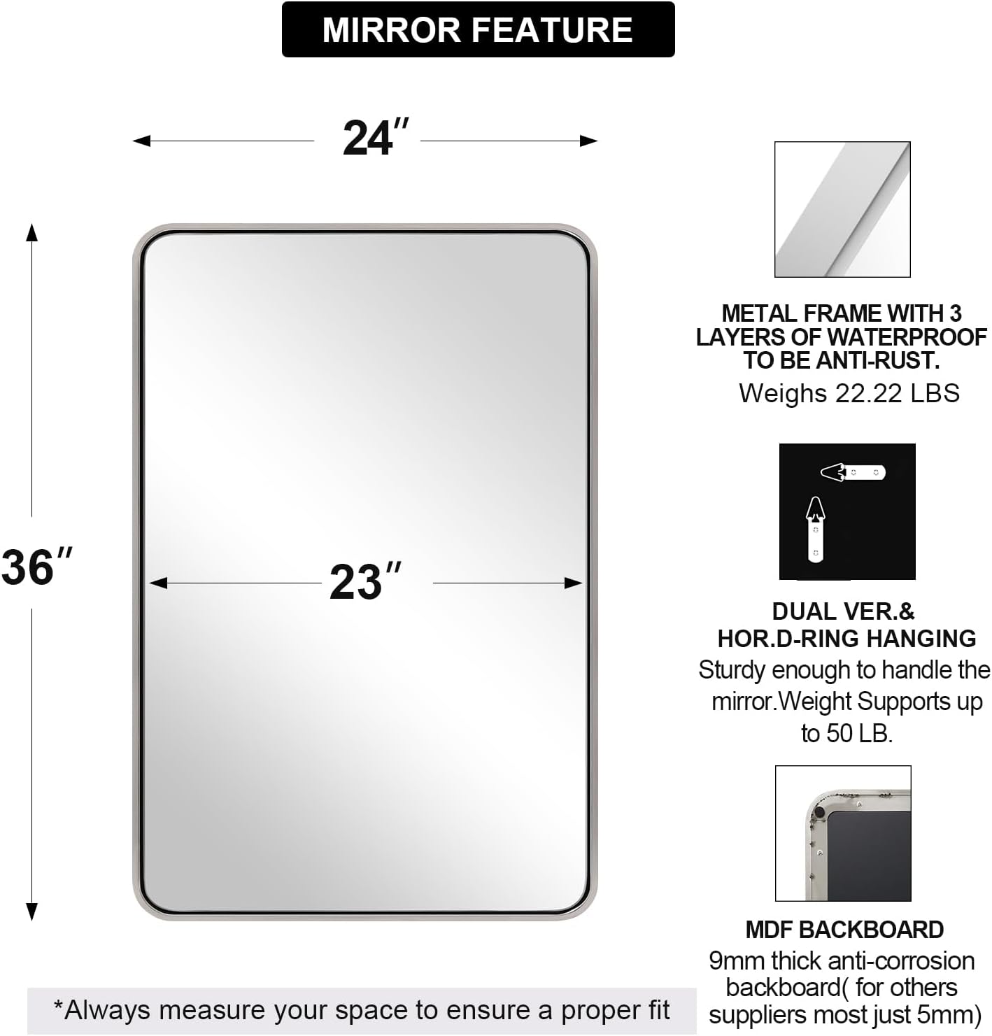 andy star chrome mirrors for bathroom, 24x36’’ rounded rectangle mirror, chrome bathroom vanity mirror, sus304-anti-rust, wall-mounted horizontal/vertical 1’’ deep polished chrome 36"l x 24"w