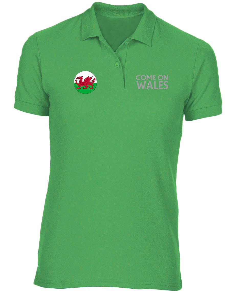 Swagwear Women's Irish Green, Irish Green Come On Wales Embroidered Wales Football Polo T-Shirt 8 Colours (8-20)