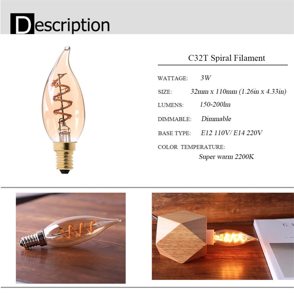 LEDDimmable vela de la lámpara retro del filamento en espiral de las bombillas E14 / 220V 3W Edison cristal de la lámpara C32T vintage, para el hogar Bombilla regulable,10pcs