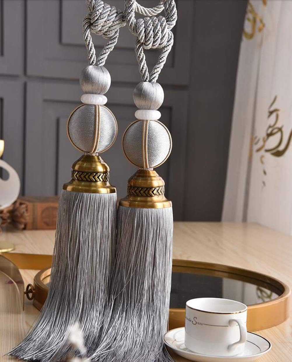 Set of 2 Curtain Rope Tiebacks with Tassels Curtain Buckle Decorative Tassel Curtain Holdbacks for Window Drapery Door Decoration (Gray)