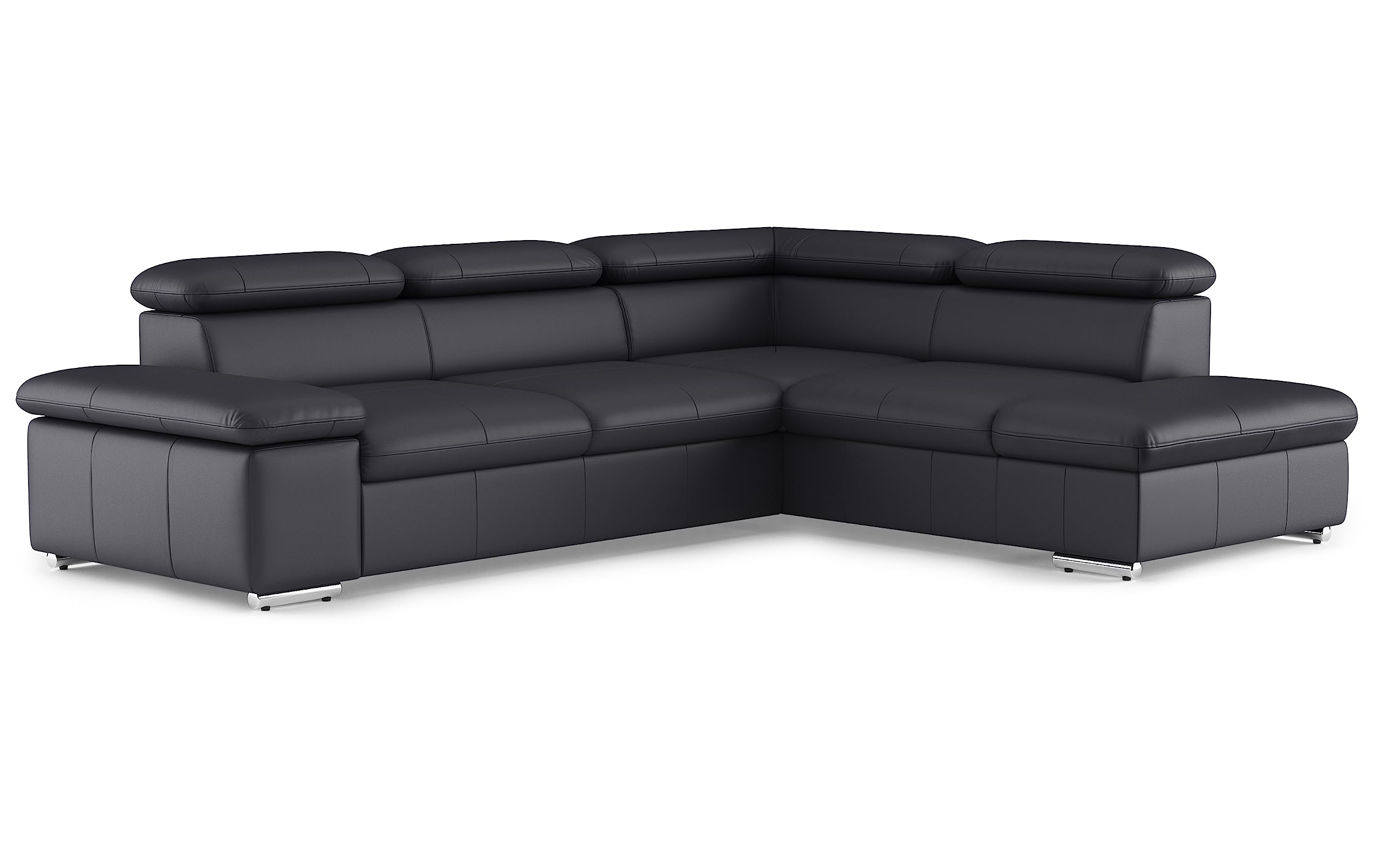 CAVADORE Leder-Ecksofa Valerie mit Ottomane / Eckcouch mit Kopfteilverstellung + Metallfüßen / 272 x 73 x 226 / Echtleder Schwarz