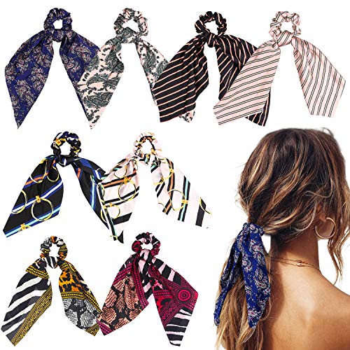 WATINC 8Pcs Silk Satin Hair Scrunchies, Scarf Hair Ties with Flower Pattern, Stripe Printed Hair Bobbles for Ponytail Holder, 2 in 1 Vintage Bowknot Hair Accessories Ropes Scrunchie for Women