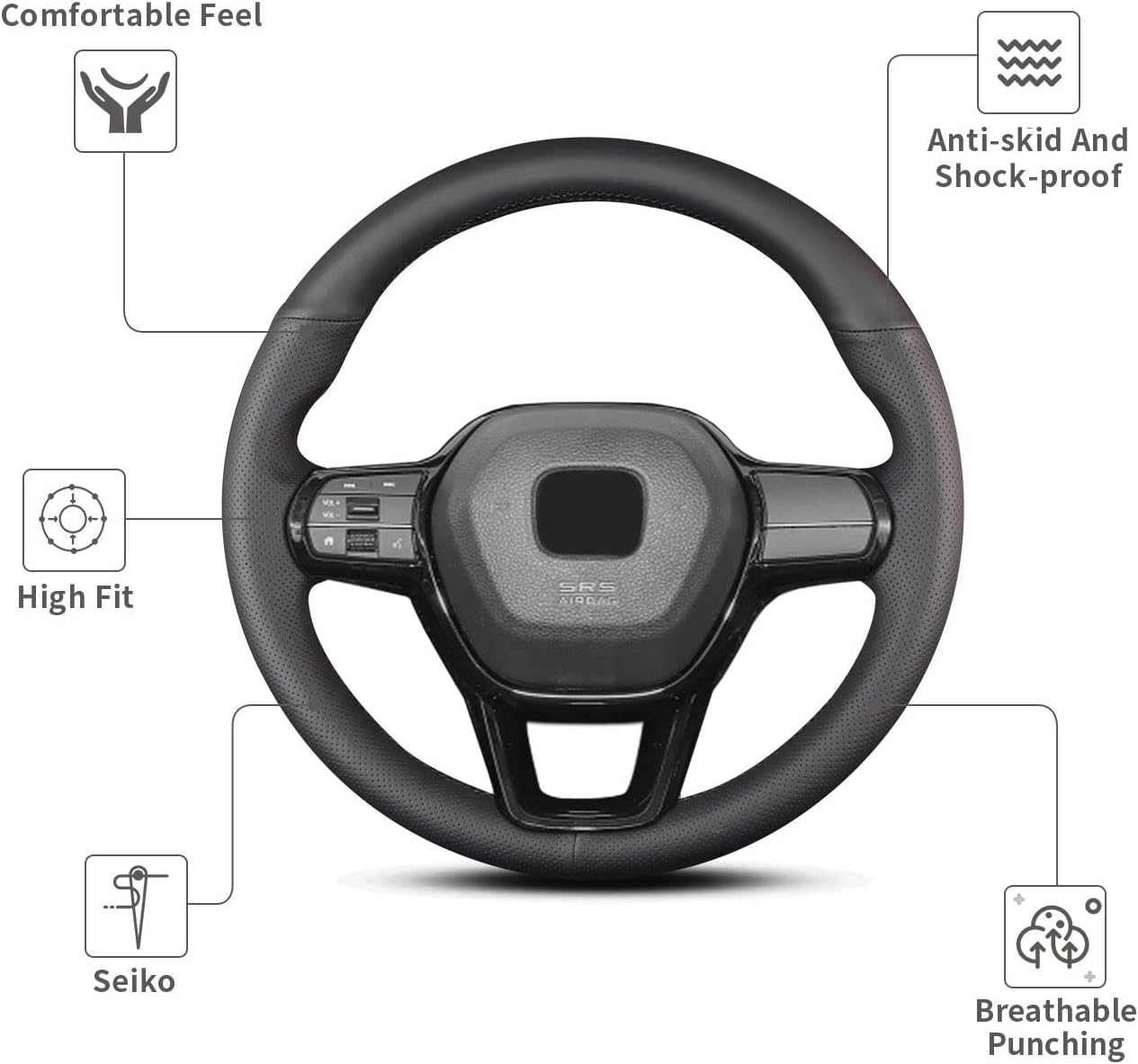 Hand-Stitched Steering Wheel Cover,Fit for Honda 2022-2025 Civic Sedan Si/2022-2025 Civic/2023-2025 CR-V HR-V Civic Type R,Non-Slip Breathable Microfiber Leather Steering Wheel Cover on Wrap