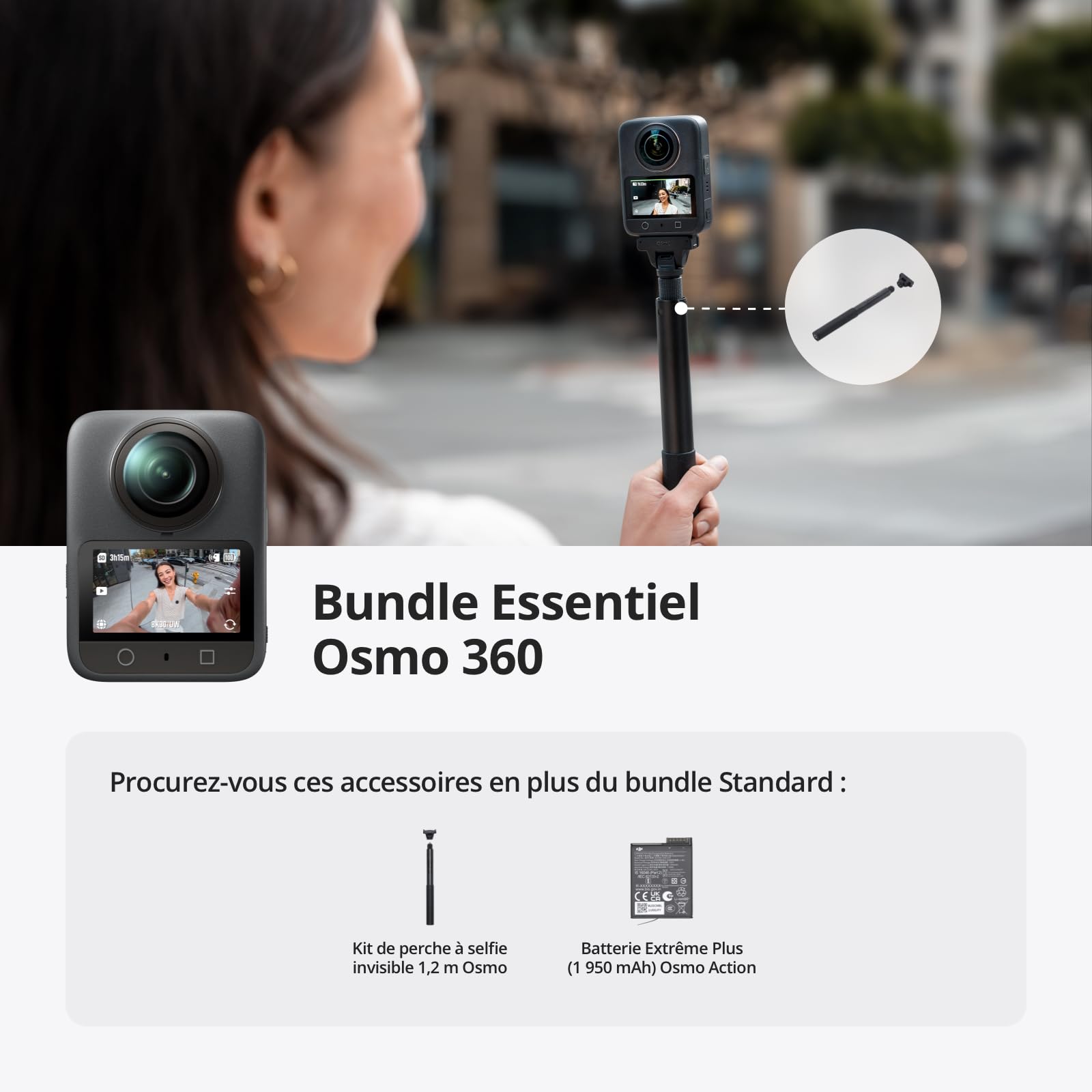 Bundle Essentiel DJI Osmo 360, caméra 360 avec imagerie 360° de 1 Pouce, vidéo 360° en 8K Native, kit de Perche à Selfie Invisible de 1,2 m, autonomie de Batterie prolongée avec 2 Batteries