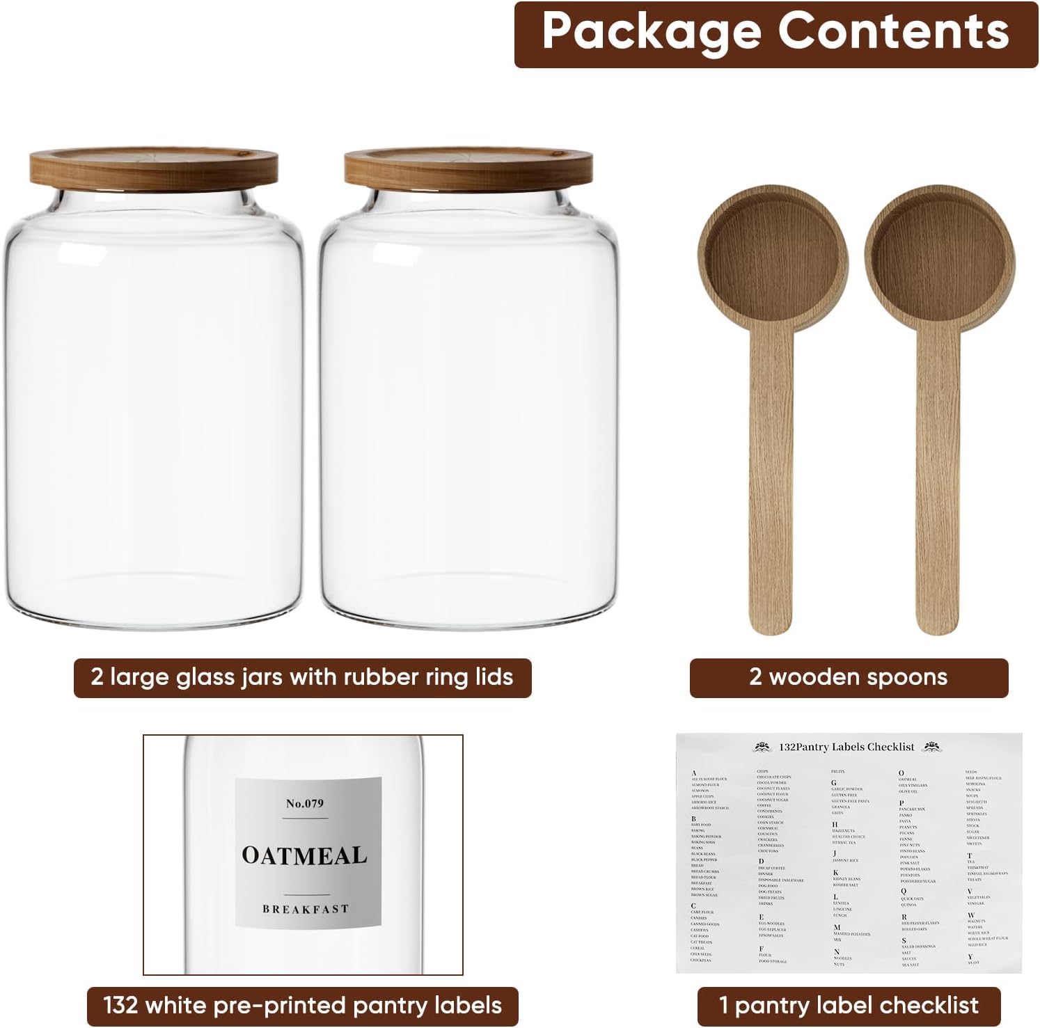 Yirilan 2 PCS Flour Sugar Storage Containers Glass Jar, 4000ml/1 Gallon/4.2 Qt/135oz,Large Glass Food Storage Jars with Wood Airtight Lids,for Tea,Spice,Cereal Rice Flour Pasta Sugar - Image 3