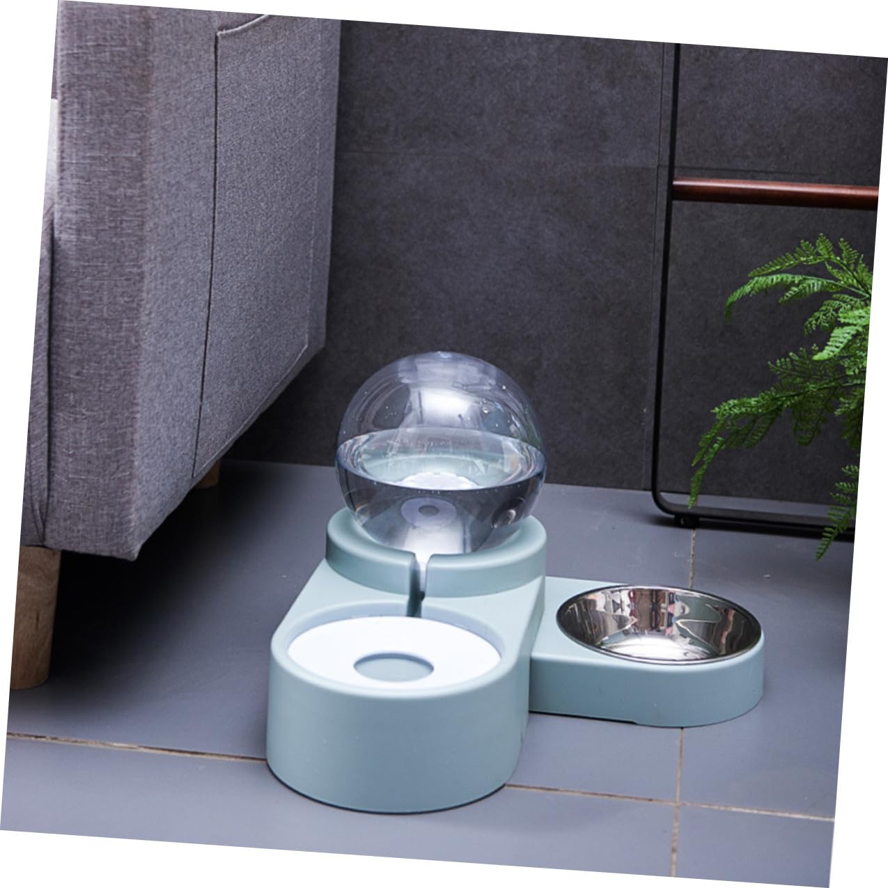 Automatischer Haustier Wasserspender Doppelnapf Blau Edelstahlbecken rutschfest Kippsicher Sicherer Glatter Trinknapf für Hunde Katzen und Tauben Praktischer Wasserautomat für