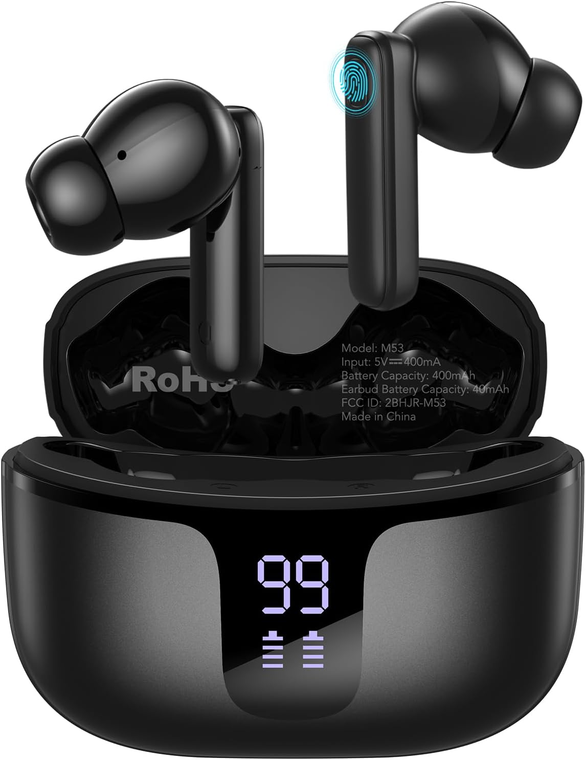 M53 Wireless Ear Buds, 45h Playtime Ear Buds with Mic, 5.4 Bluetooth Earbuds, Dual LED Power Display Stereo Earphones for Phones/Tablet/Laptop/Travel/Entertainment (Black)