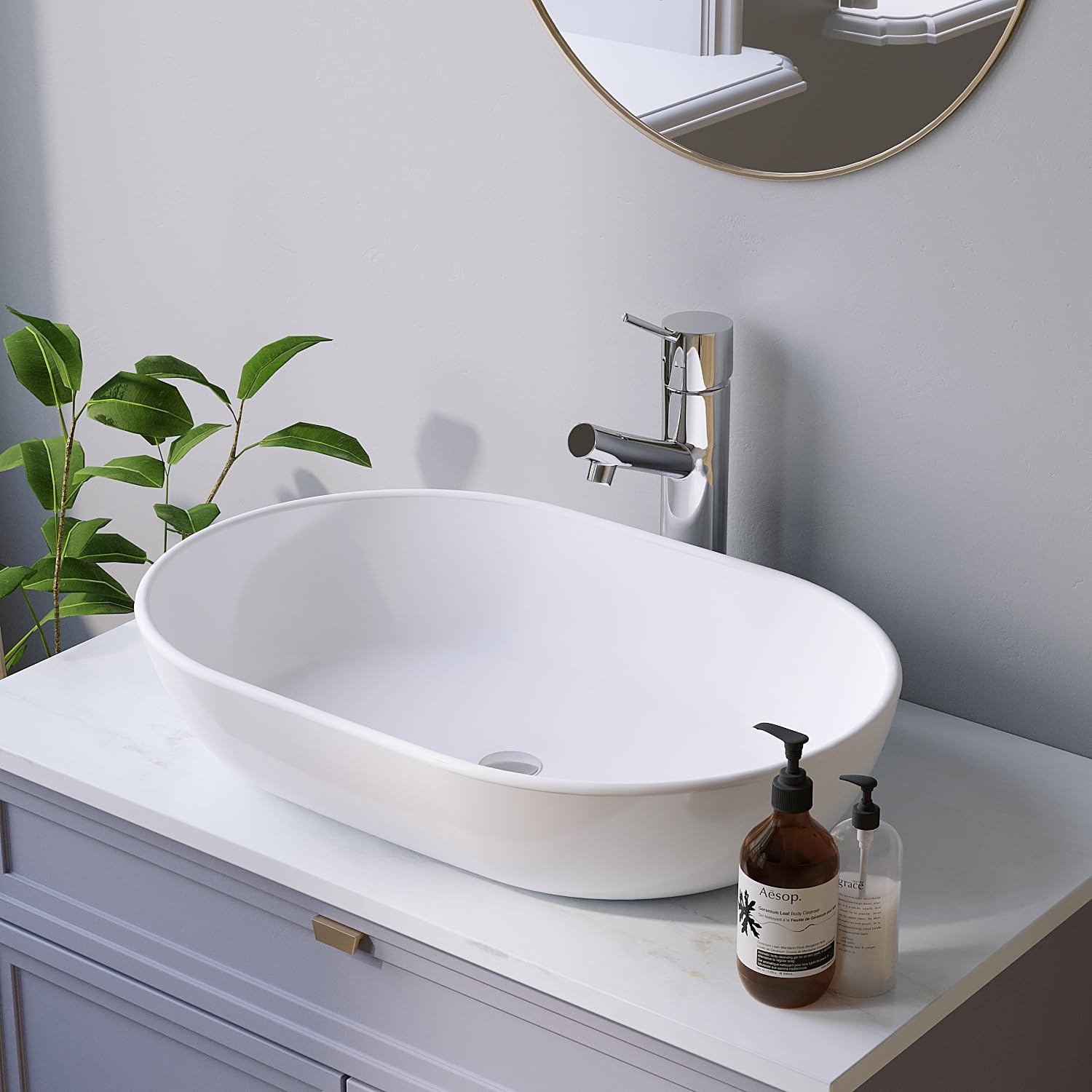 Design-Waschbecken Keramik Weiß Oval 60 x 42 cm Aufsatzwaschbecken Moderner Waschtisch für Unterschrank Waschplatz Badezimmer Handwaschbecken Aufsatzbecken Waschschale OHNE Hahnloch Überlauf