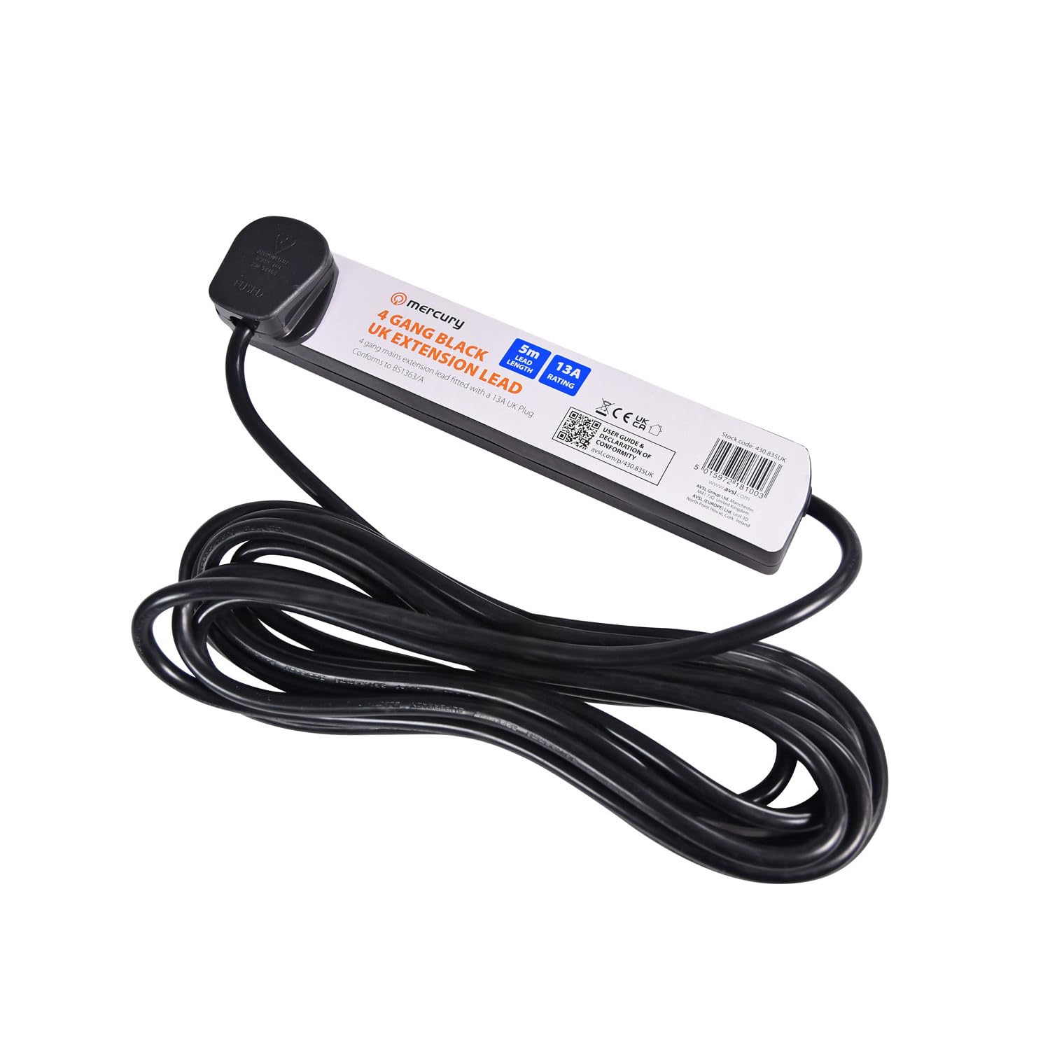 Mercury UK 4-Gang Extension Lead Black 5.0m