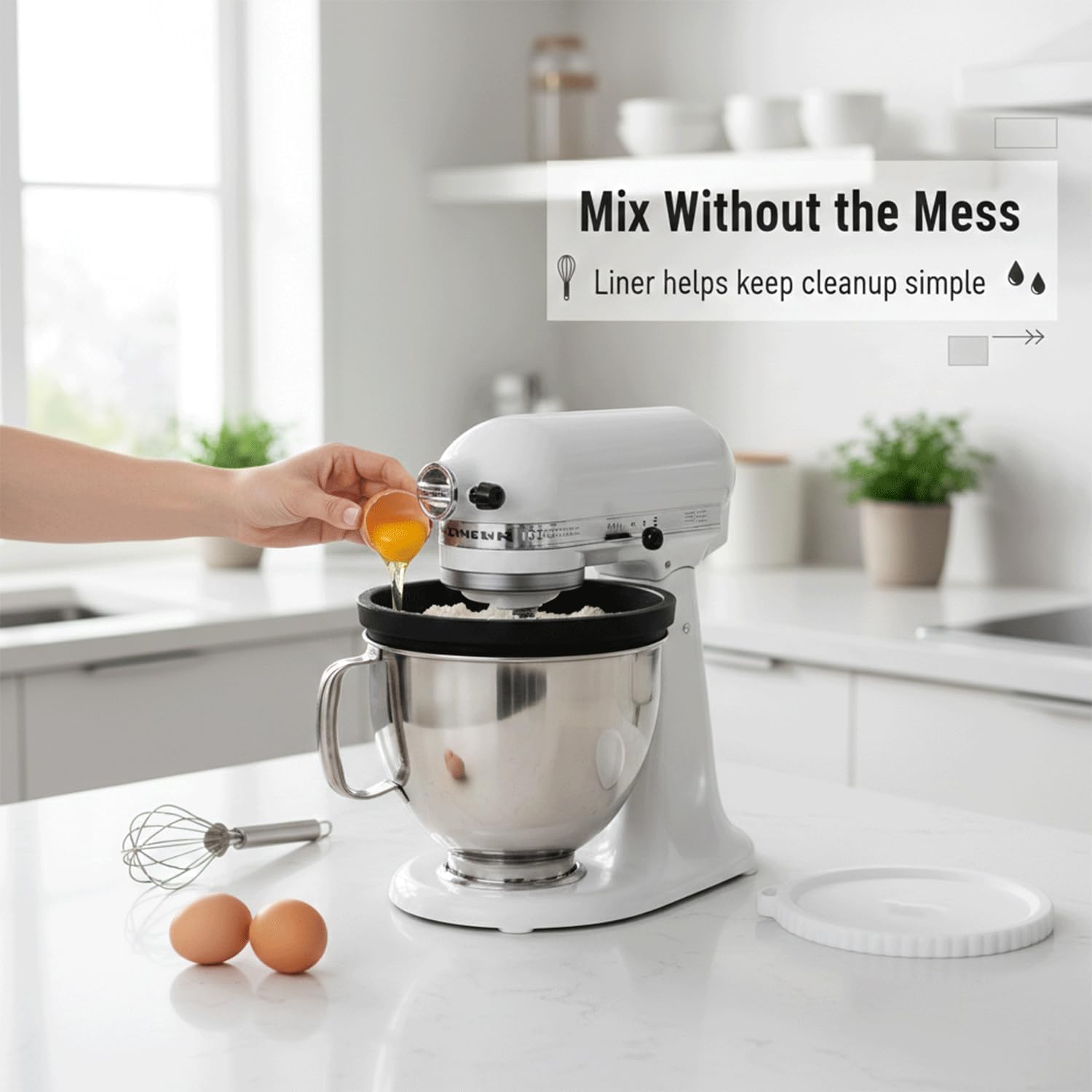 Silicone Mixing Bowl Liners for 5 Qt Tilt-Head Stand Mixer, Stand Mixer Silicone Bowl Liner with Lid, Reusable Silicone Mixer Bowl Liners,kitchen aid bowl liners Insert with an Egg Opener (Pack of 3)