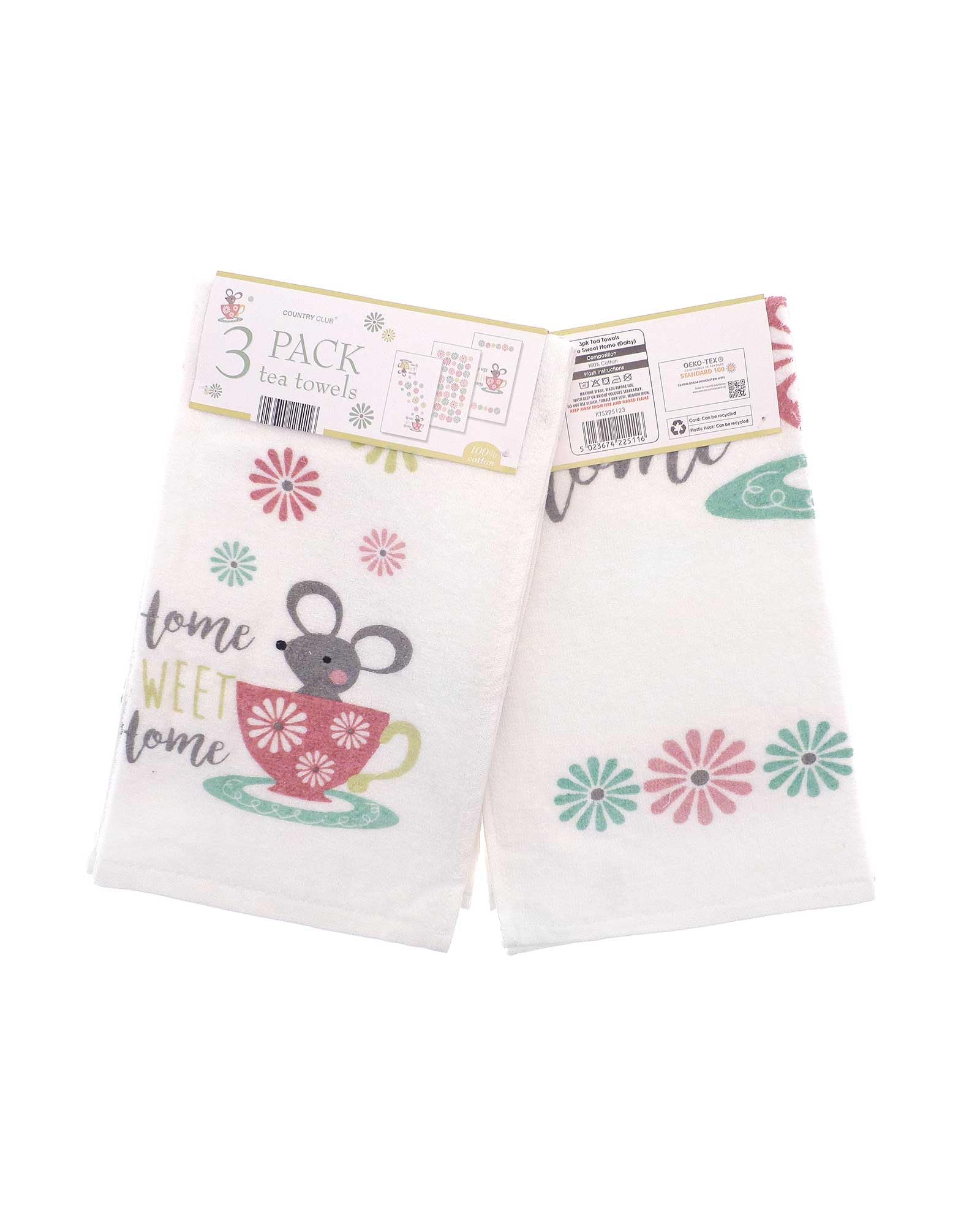 COUNTRY CLUB 100% Cotton Pack of 3 Home Sweet Home Daisy Design Velour Kitchen Tea Towels