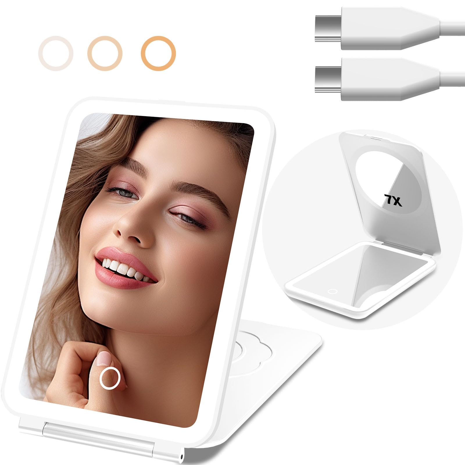 ZULJK 、 Katlanabilir Seyahat Makyaj Aynası, üç Renkli Işık, Taşınabilir 1x Makyaj Aynası 1x7x Büyüteç, Taşınabilir Masaüstü Seyahat Makyaj Aynası, USB Şarj Edilebilir Dokunmatik Ekran.