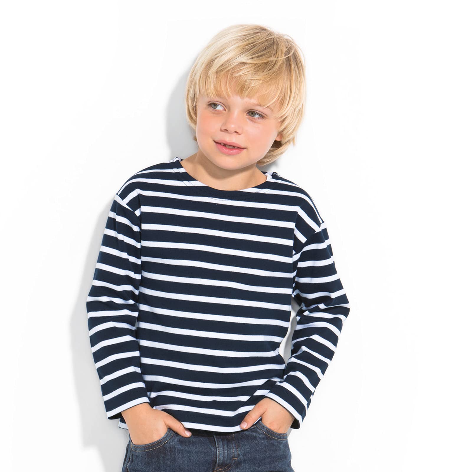 modAS Bretonisches Shirt für Kinder - Longsleeve Pullover Langarm Shirt mit Streifen Mädchen Jungen aus Baumwolle in Weiß/Blau Größe 152