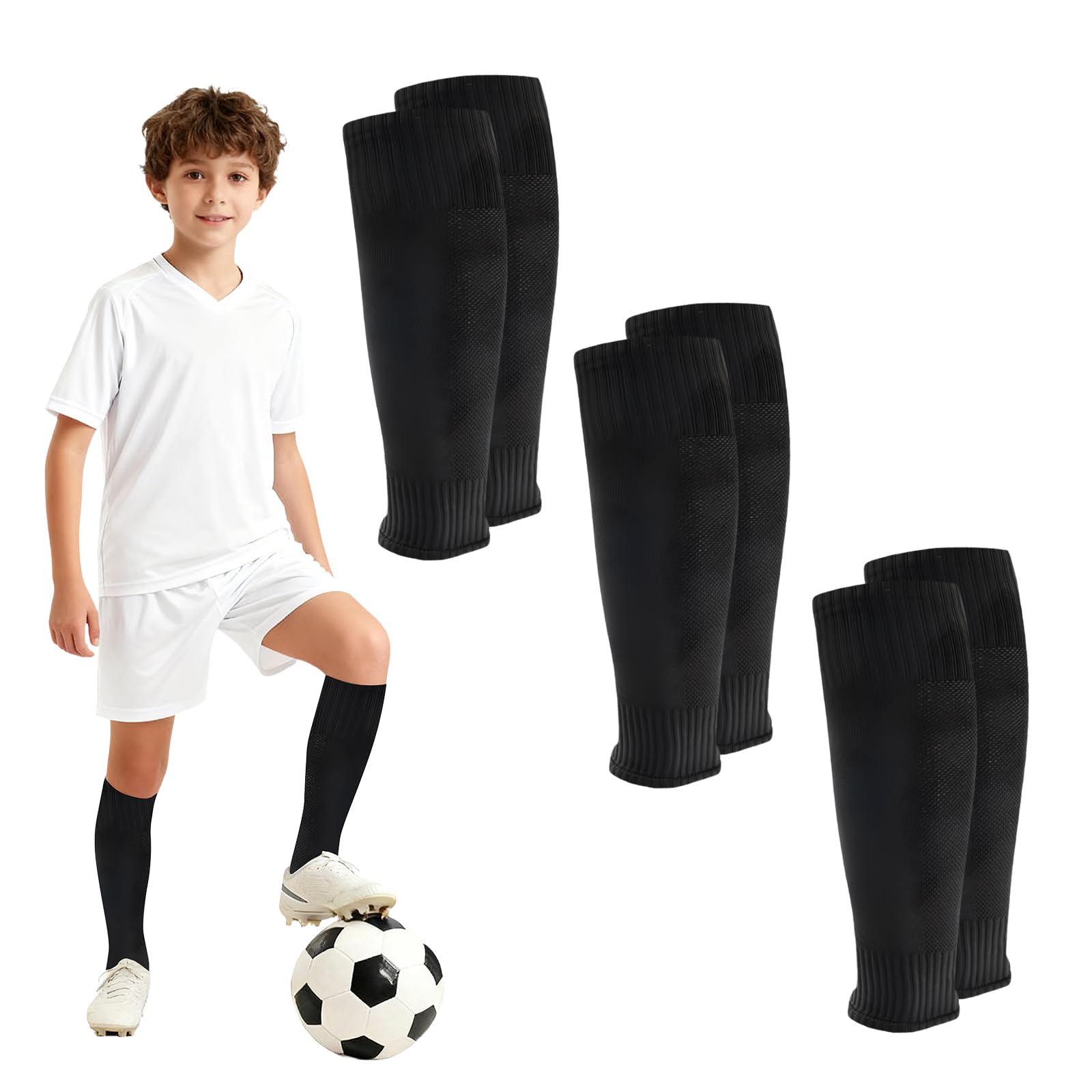 Soccer Sock Sleeves Shin Guard Sock Sleeves 3Pcs Socks for Football Matches One Size for use Moisture Wicking and Breathable Suitable for Youth Adult Amateur Football (Black, Kids One Size)