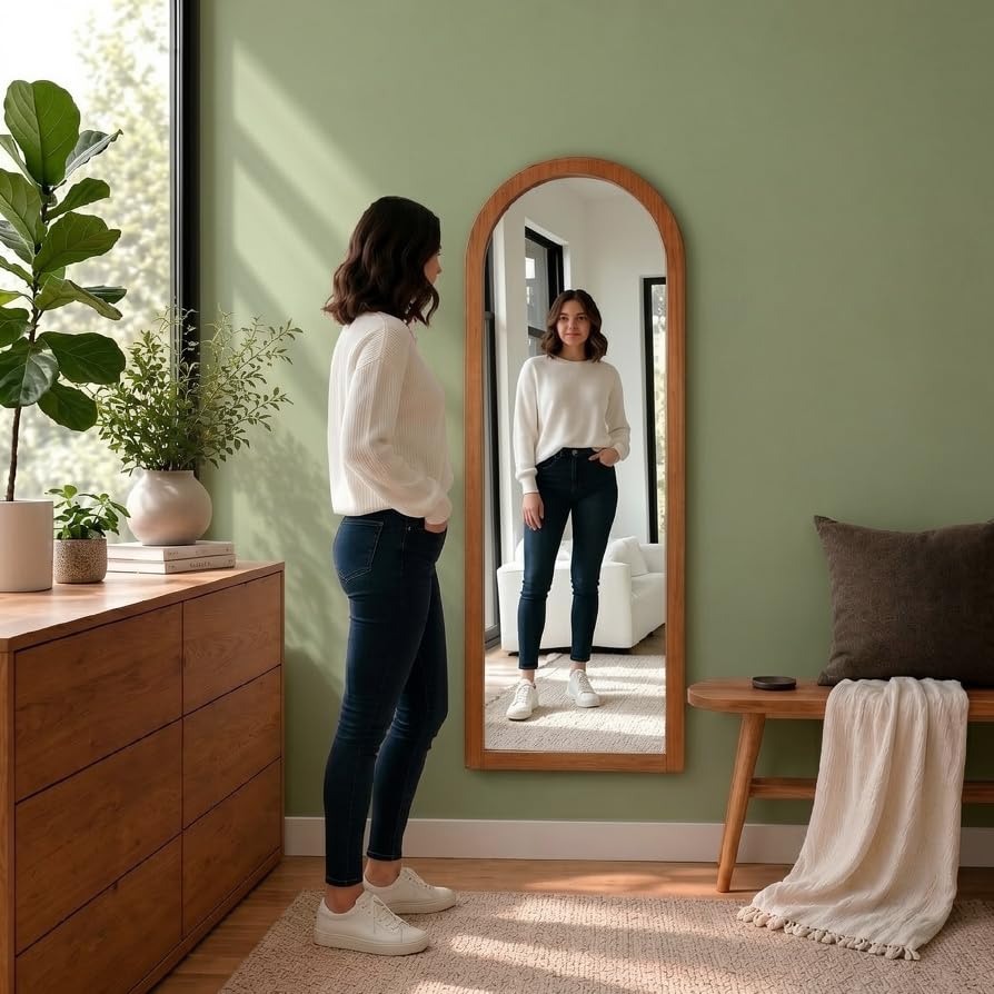 Image of Creative Arts n Frames 15x51 inch Long Fiber Wood Arched Wall Hanging Mount HD Mirror Home Decor Items Living Room Bathroom Bedroom Hotel Office (Umber Walnut Color Framed HD Arch Mirror)