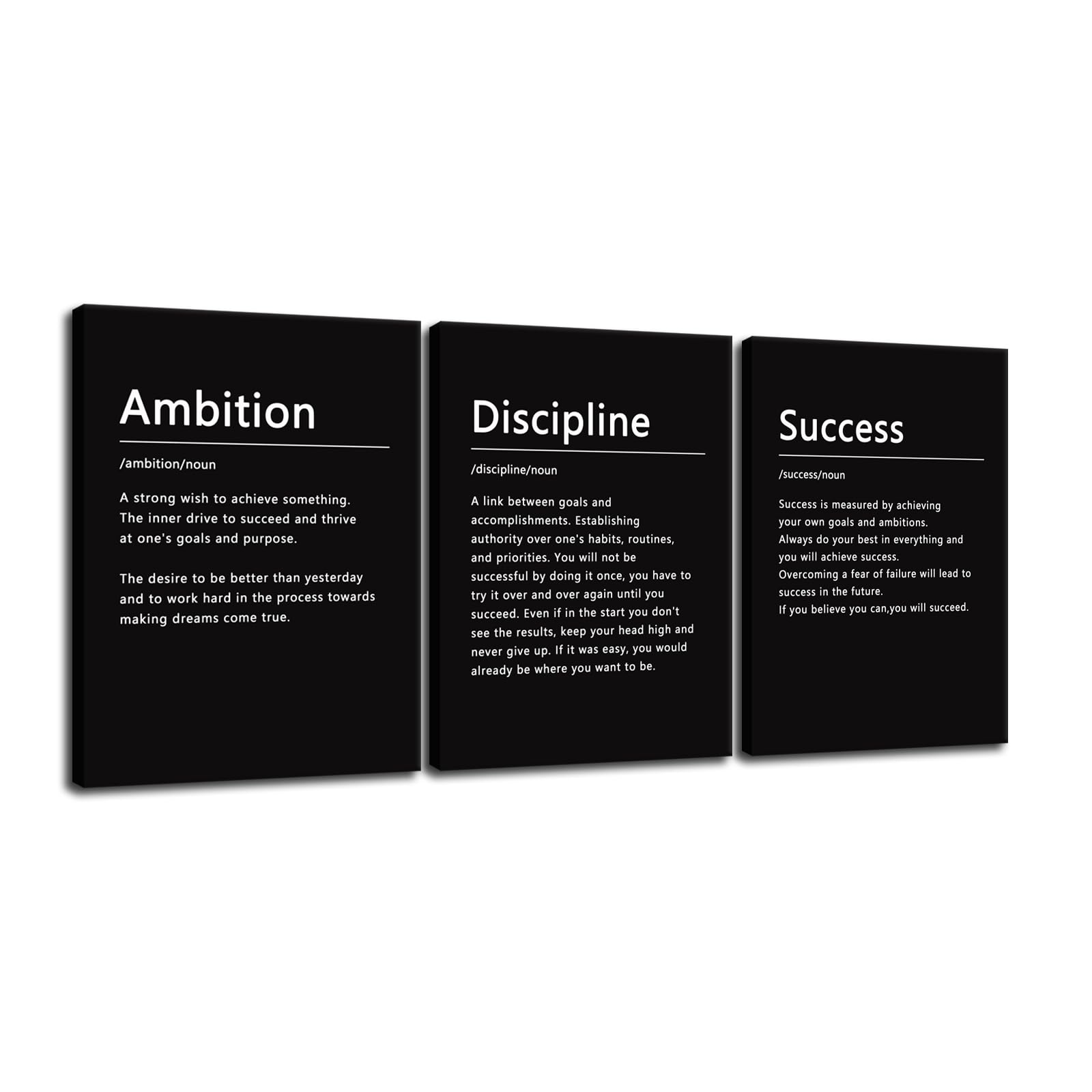 3 Panels Ambition Discipline Success Motivational Canvas Office Print Wall Art Inspirational Entrepreneur Quotes Poster Painting Modern Inspiring Artwork for Home Living Room Decor (12"x16"x3pcs)
