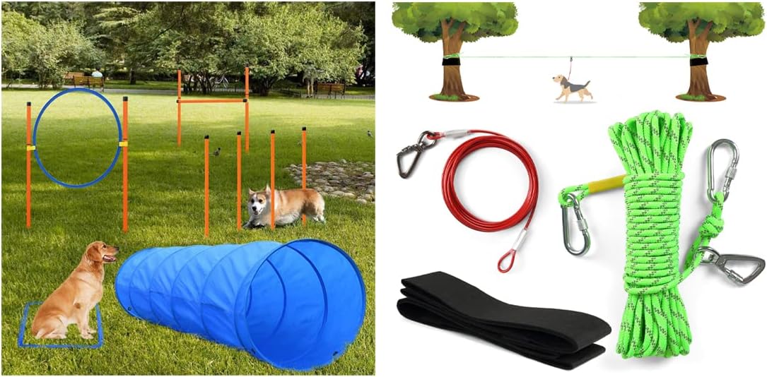 XiaZ Dog Agility Equipments, Obstacle Courses Training Starter Kit, Pet Outdoor Games for Backyard+ Dog Run Trolley System with 10FT…