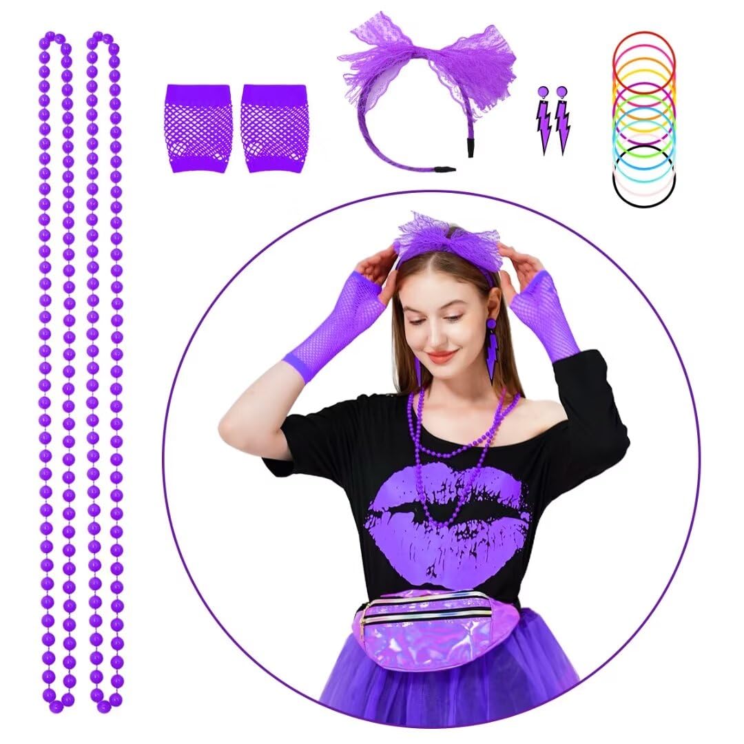 WILDPARTY 80s Fancy Dress for Women Lip Print T-shirt, Tutu Skirt, Leg Warmers, Necklace, Fishnet Gloves, Earrings - Image 4