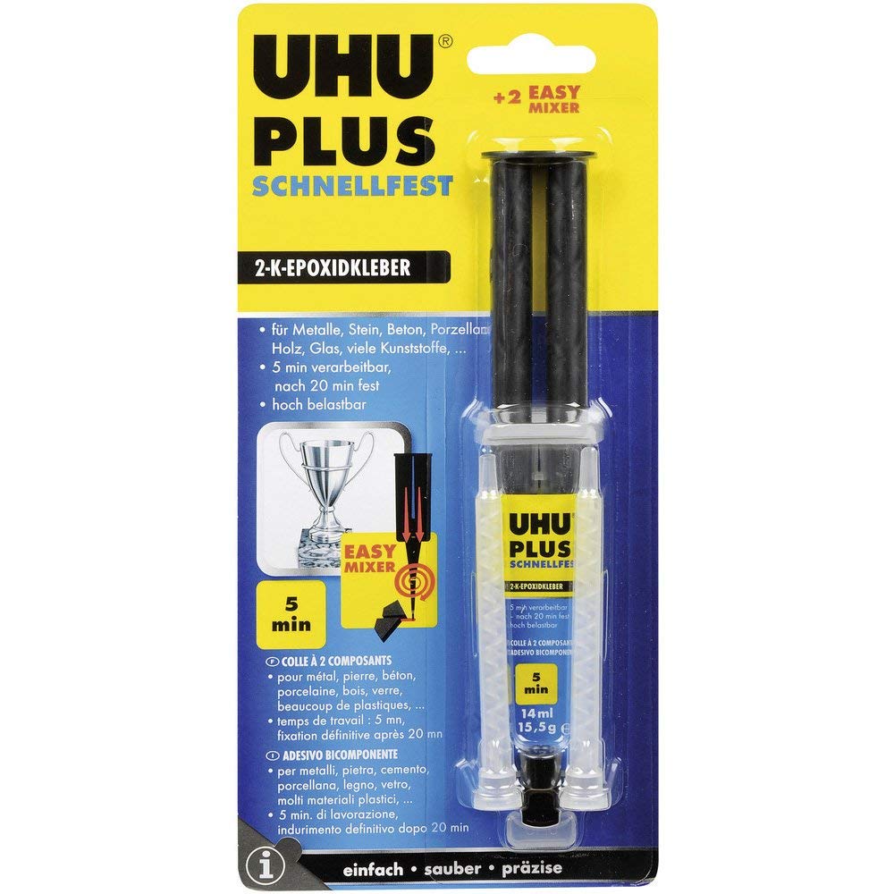 3x UHU 2-Komponentenkleber Plus Schnellfest, Schneller und glasklarer 2K-Klebstoff mit integriertem Mischer, 15,5 g