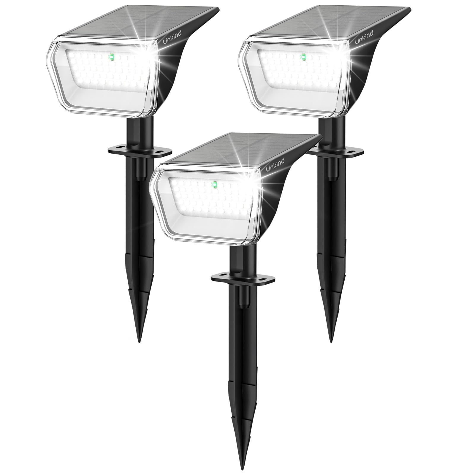 Linkind 60 Led Solarstrahler für außen Garten 800Lm, 6500K Tageslicht Gartenlampe mit Lade-Anzeige, 135°einstellbar Baumstrahler mit S-klasse Batterie, IP67 wetterfest Solar Baumbeleuchtung, 3 Stück