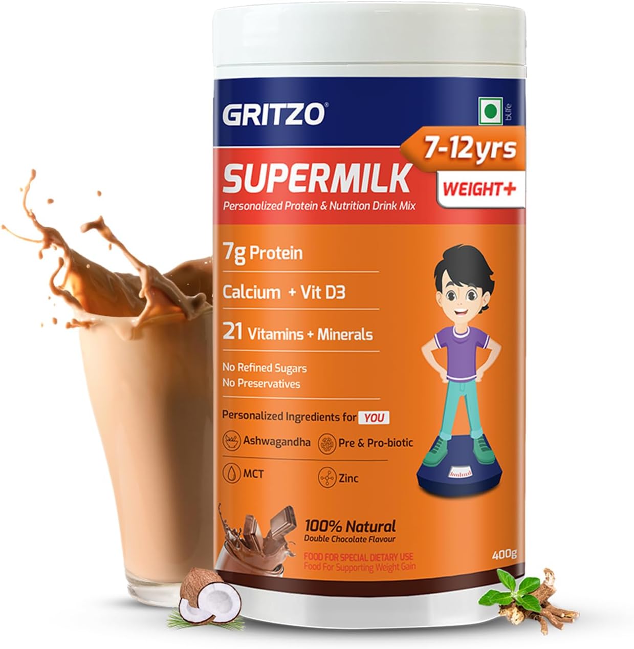 Gritzo SuperMilk Weight+ (8-12 Years) - Double Chocolate, 400g | 7g Protein I Zero Refined Sugar | 21 Vitamins & Minerals | 100% Veg