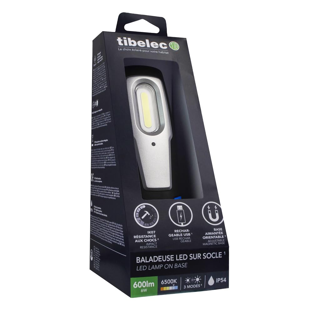Baladeuse LED rechargeable sur socle 6W, 600 lumens, IP54, IK07, crochet, mode torche, aimanté, garantie 3 ans - Tibelec