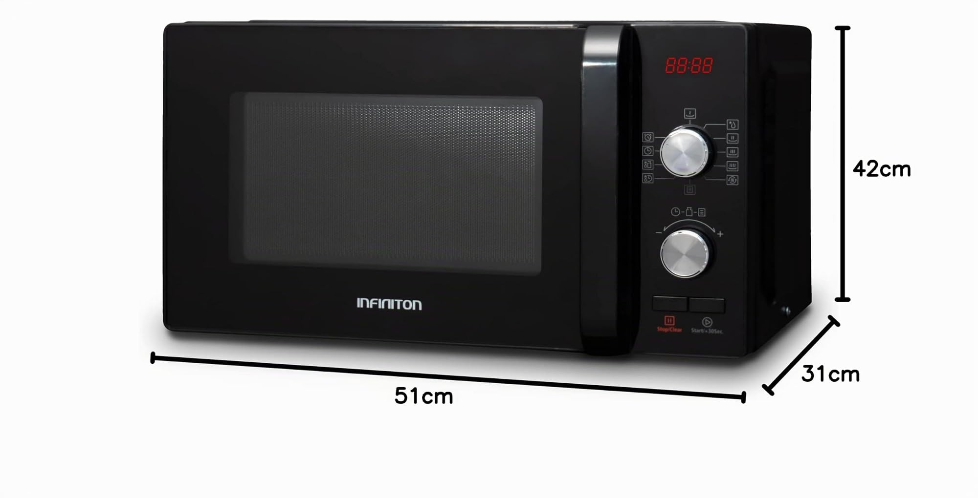 INFINITON MW-F102 - Microondas, Negro, 20L, 700W, Control digital, Función Defrost, Interior cerámico, Puerta de cristal, Sistema sin plato giratorio