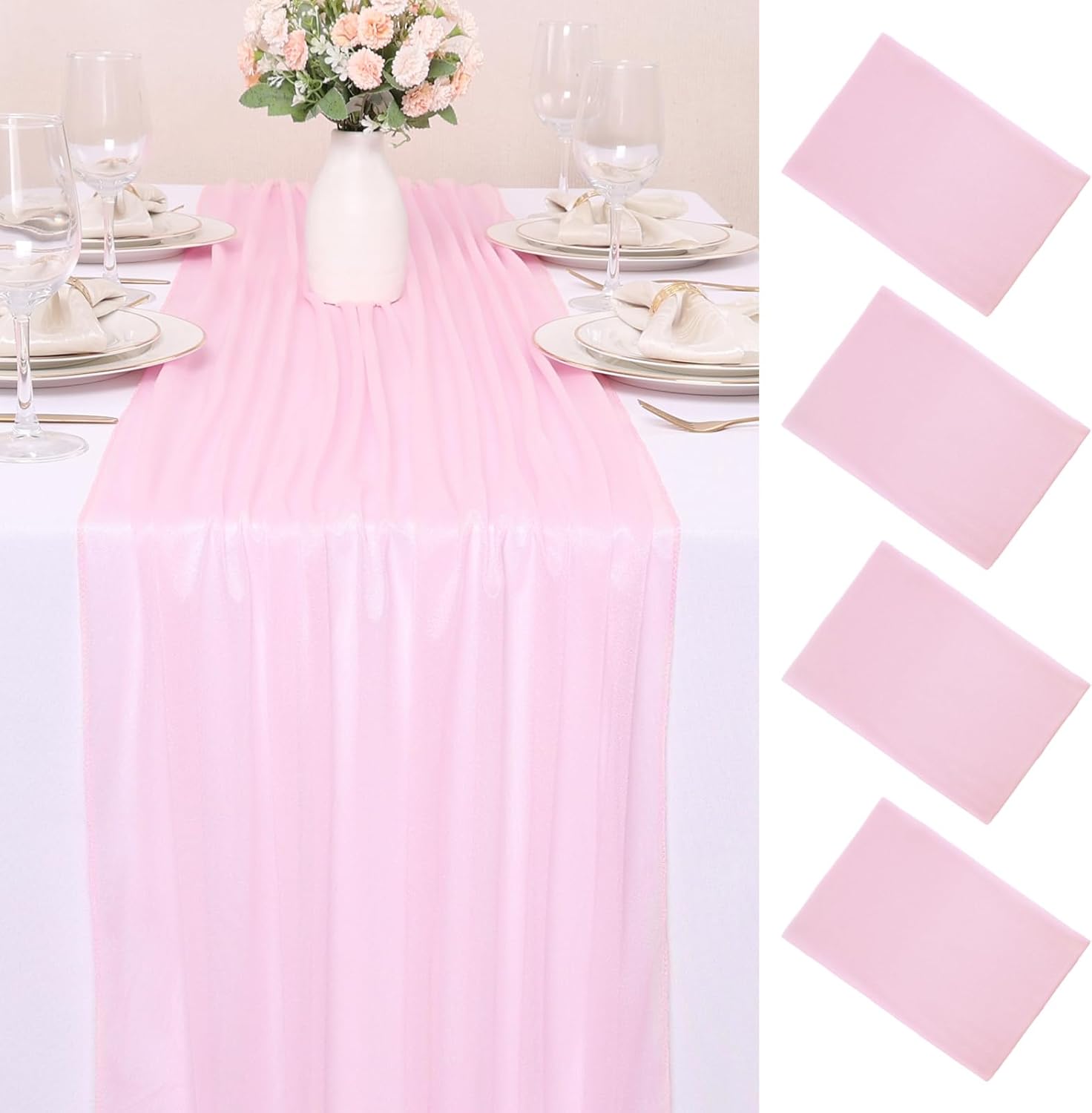 4 Pcs 10FT Blushing Pink Chiffon Table Runners 30x120 Inches Spring Boho Rustic Tulle Sheer Table Runner for Wedding Bridal Baby Shower Birthday Party Decorations