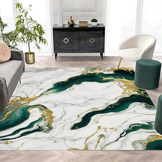 Marble Swirl Modern Abstract Emerald Green Grey Gold Area Rug for Living...