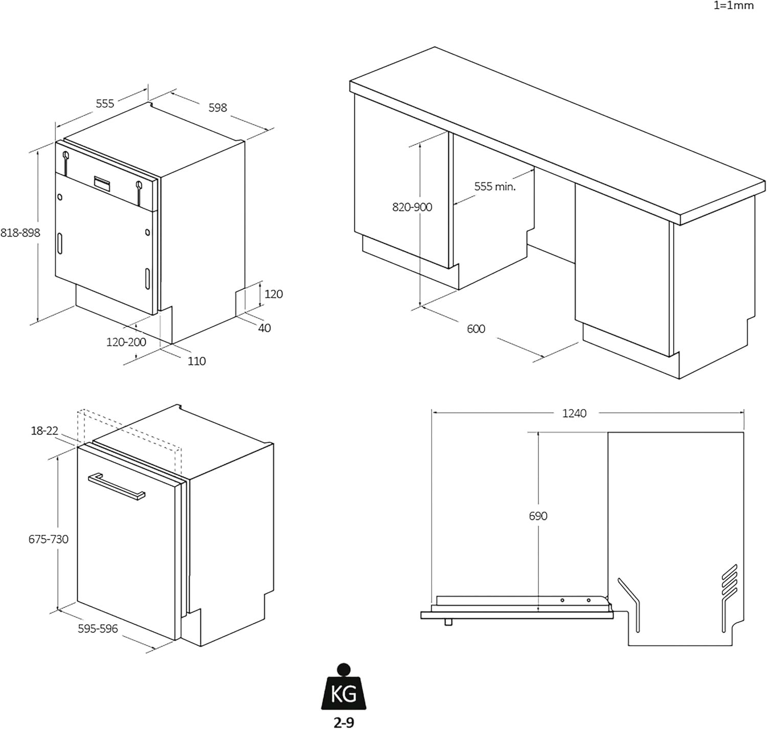 Technical diagram illustrating the dimensions and installation requirements for the Candy Rapidò CI 3E7L0W2 integrated dishwasher.