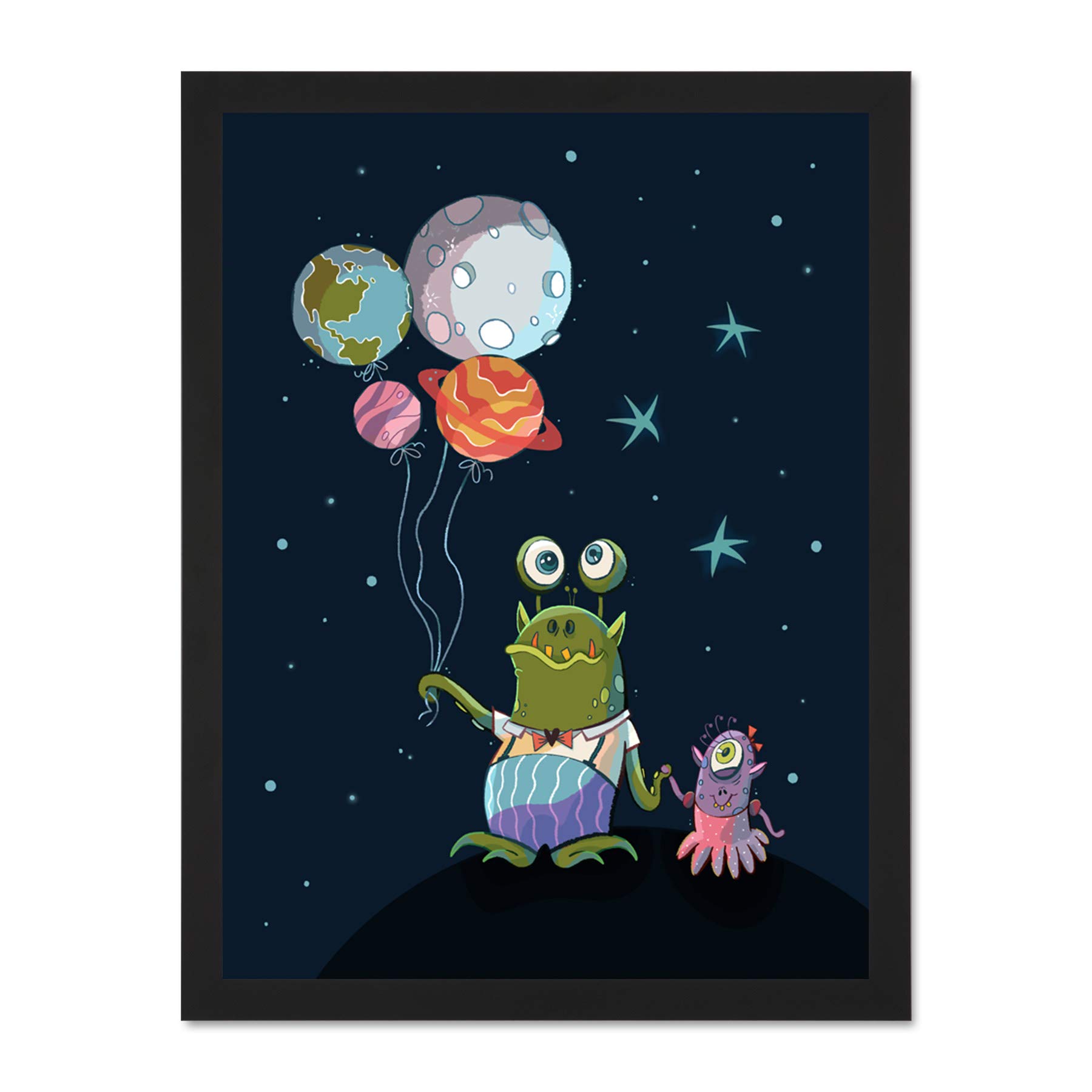 Wee Blue Coo Aliens Space Planet Balloons Large Framed Art Print Poster Wall Decor 18x24 inch