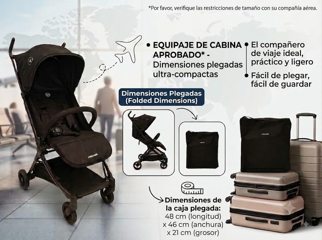 Nania, Cochecito Ultra-compacto, Babyjet (0 a 15 kg) homologado cabina avión, ligero 4,5 kg, respaldo reclinable, parasol ajustable, bolsa de transporte incluida