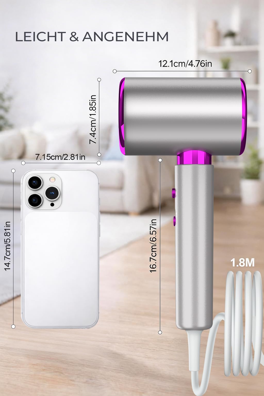2400W Ionen-Haartrockner mit Kaltluftstufe, 3 Heizstufen & 2 Gebläsestufen, inklusive Diffusor und Stylingdüse, leiser Föhn für Zuhause