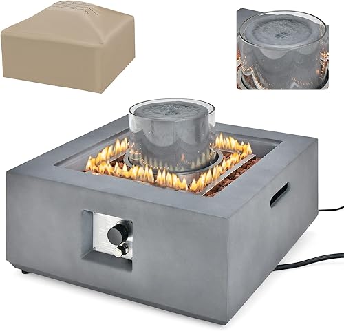 Giantex Fountain Fire Pit Table - Mesa de fuego cuadrada de 50,000 BTU con fuente media, vidrio de viento, quemador de acero inoxidable, cubierta de