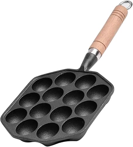 Miniatura 8 de Takoyaki - Plato para parrilla, 14 agujeros, sartén Takoyaki, antiadherente, de hierro fundido, para hacer moldes con mango desmontable para hornear