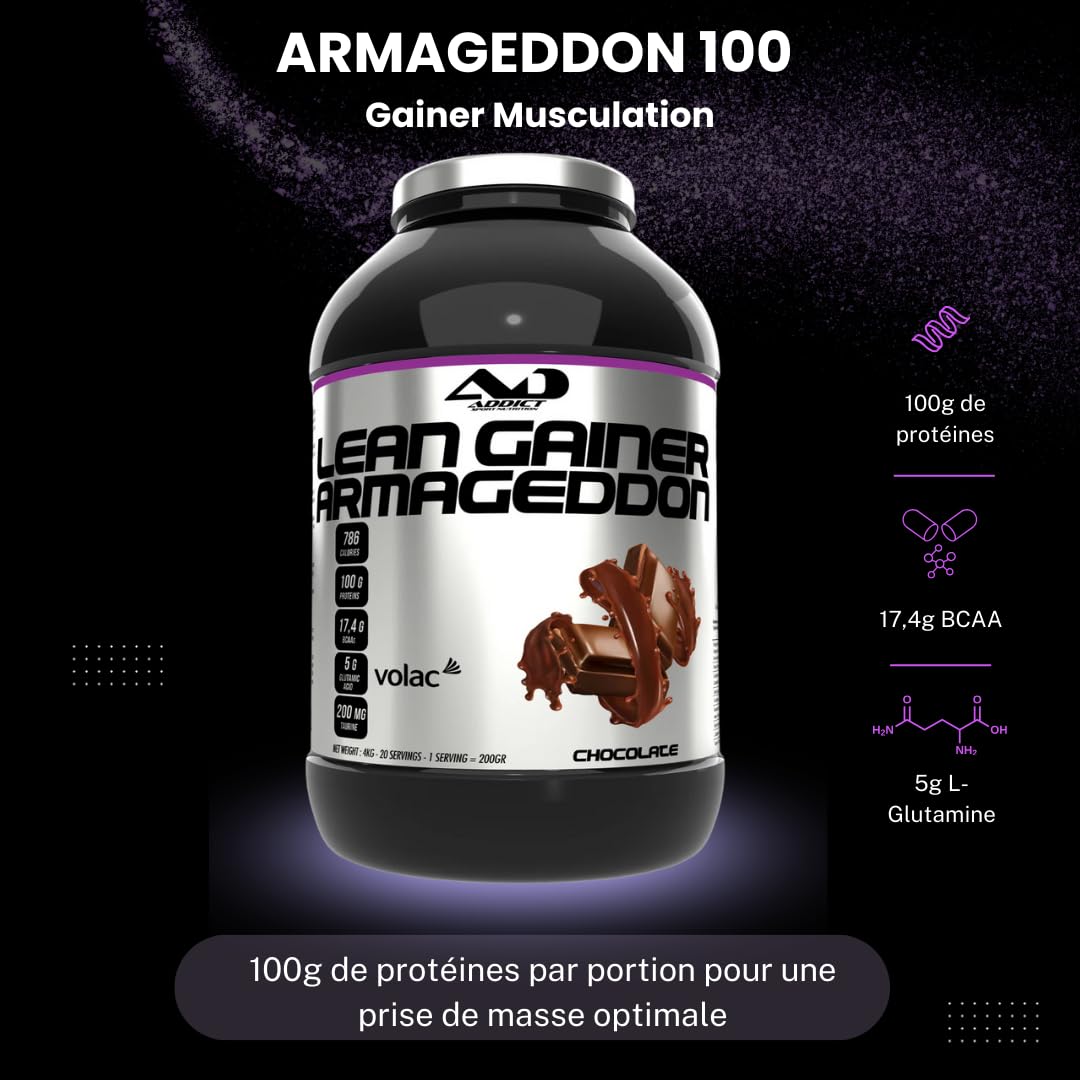 Addict sport nutrition - Armageddon - Protéine de musculation - 100g de protéines par portion - Gainer avec whey rapide, BCAA, L-Glutamine et Maltodextrine - Prise de masse - 2 Kg -Chocolat - noisette