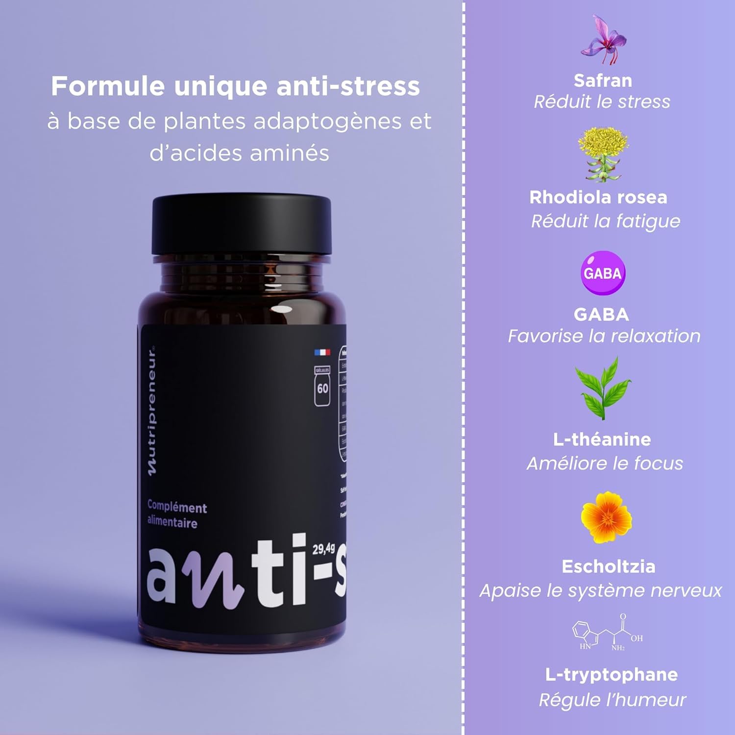 Anti-stress - 3 mois - Extrait de Safran, Rhodiola, L-théanine, Gaba, L-tryptrophane, Pavot de californie (3)